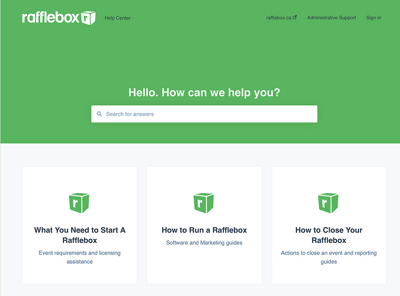 Rafflebox Help Center webpage with green header containing the Rafflebox logo and navigation links. The page features a search bar and three main help categories: 'What You Need to Start A Rafflebox', 'How to Run a Rafflebox', and 'How to Close Your Rafflebox', each displayed as cards with Rafflebox box icons and descriptive text about their contents.