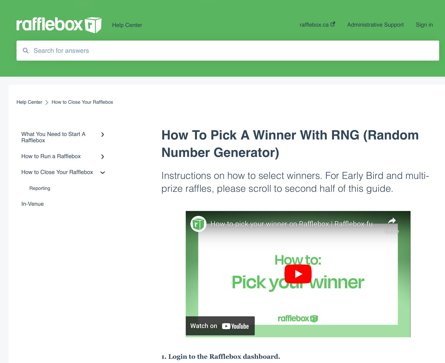 Rafflebox Help Center page showing instructions on 'How To Pick A Winner With RNG (Random Number Generator)' with navigation menu on the left, embedded YouTube video, and step-by-step instructions below beginning with 'Login to the Rafflebox dashboard.'