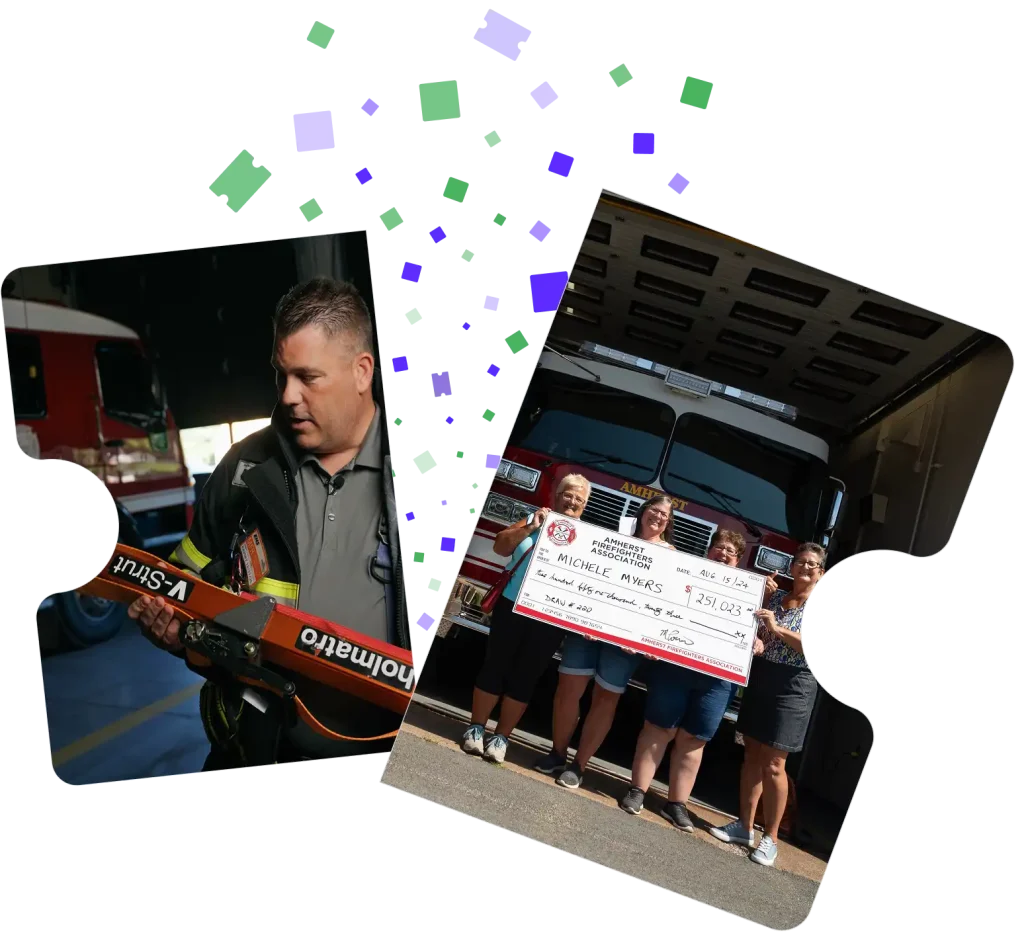 Two images, one of a firefighter holding equipment, the other 4 women holding a giant cheque in front of a firehouse for winning a raffle.