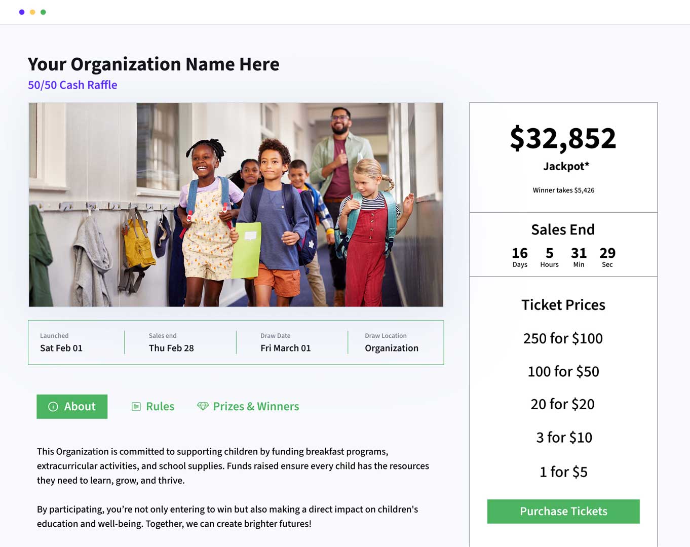 A Rafflebox 50/50 Cash Raffle webpage template with 'Your Organization Name Here' as the header. Features a photo of children walking in a school hallway with an adult, a jackpot amount of $32,852, countdown timer showing 16 days remaining, ticket pricing options ranging from $5 to $100, and text explaining the organization supports children's education programs.