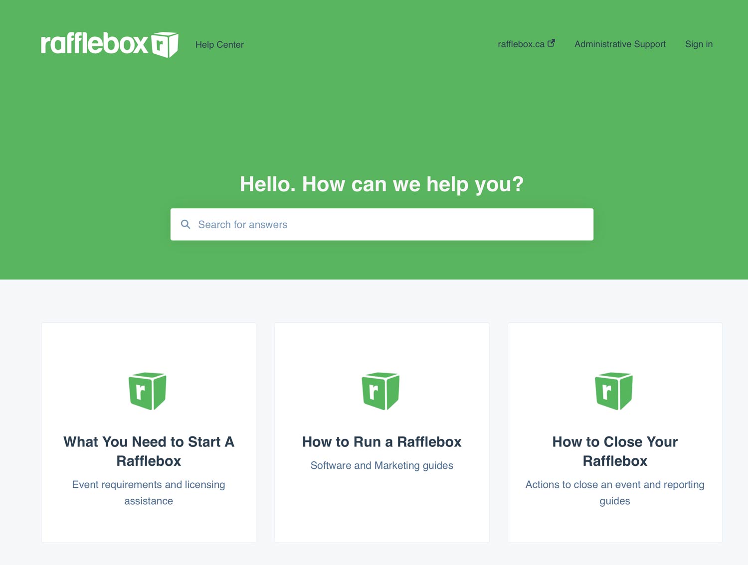 Rafflebox Help Center homepage with green header, search bar, and three main category boxes with green cube icons: 'What You Need to Start A Rafflebox,' 'How to Run a Rafflebox,' and 'How to Close Your Rafflebox,' each with descriptive text.